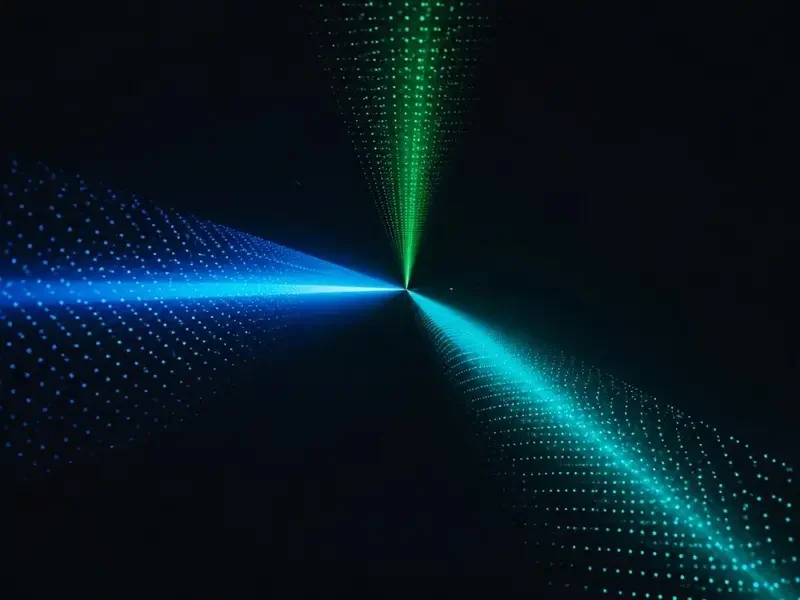 暗色抽象空间里三束汇聚的光线，蓝绿青色粒子场